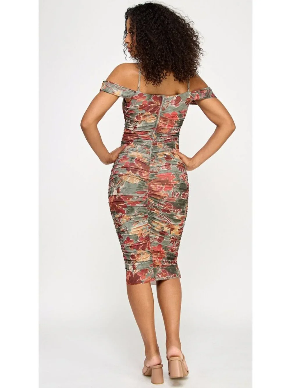 Floral Print Off-Shoulder Midi Dress With Ruched Detailing By Katia Rae - XS_2